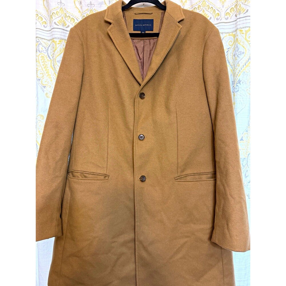Banana Republic men’s XL camel wool nylon overcoat mid-length lined pockets